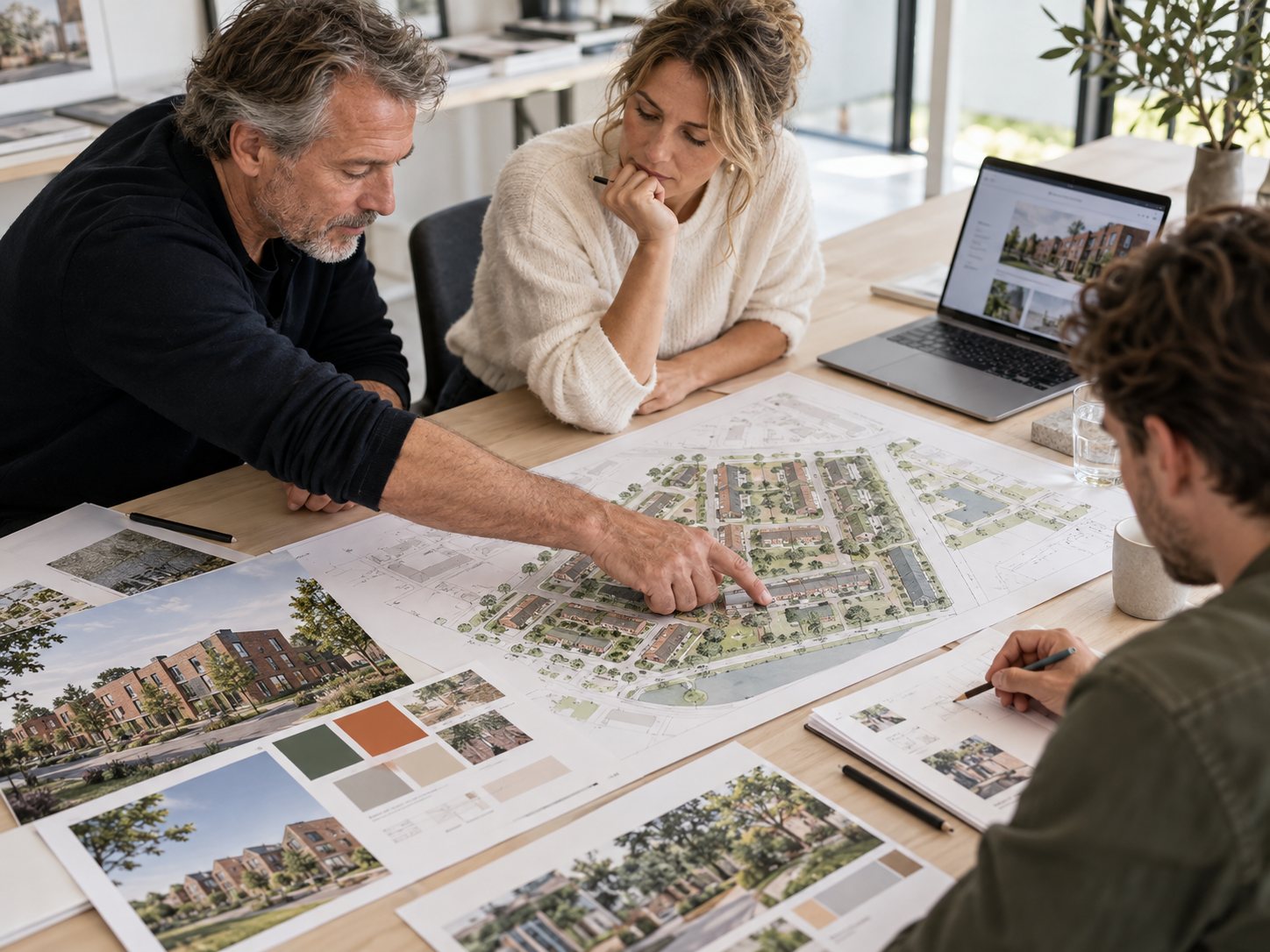 Vastgoedteam bespreekt een situatietekening, beelden en kleurstalen van een nieuwbouwproject
